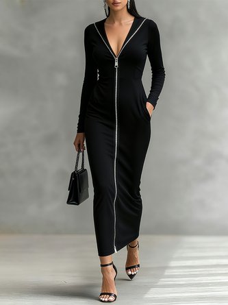 Casual Plain Zipper Shawl Collar Maxi Dress