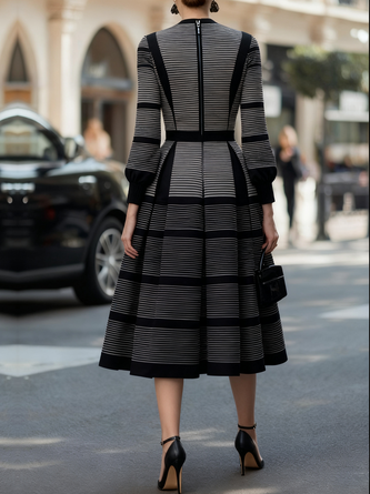 Elegant Geometric Crew Neck Midi Dress