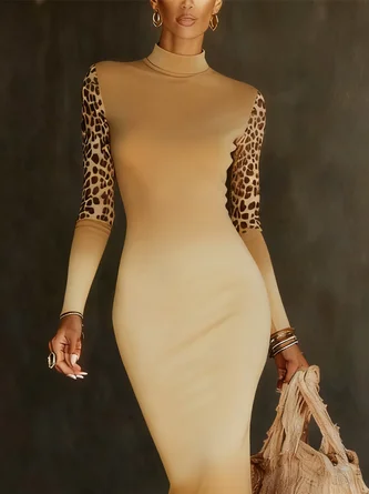 Urban Ombre Animal Print Printing Stand Collar Midi Dress