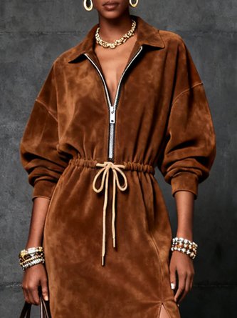 Urban Plain Suede Zipper Midi Dress