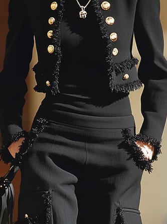 Urban Buttoned Tassel Plain Crew Neck Jacket