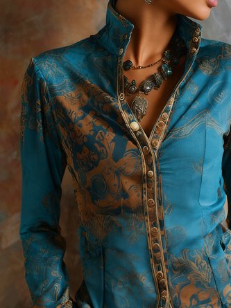 Casual Ethnic Printing Stand Collar Shirt