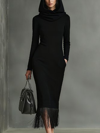 Elegant Plain Tassel Hoodie Midi Dress