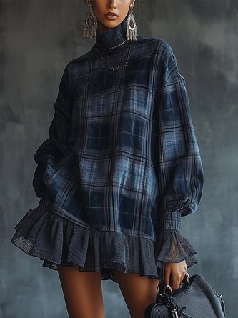 Casual Plaid Split Joint Stand Collar Mini Dress