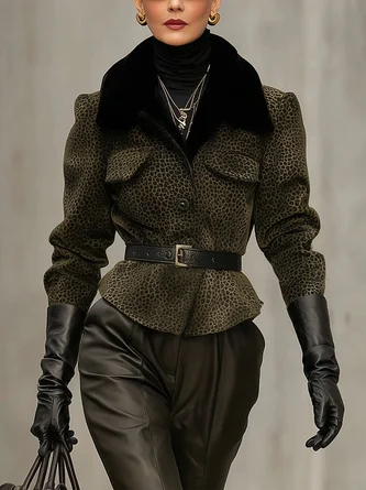 Urban Printing Leopard Shawl Collar Jacket No Belt