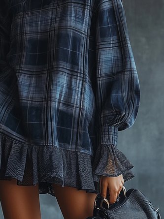Casual Plaid Split Joint Stand Collar Mini Dress