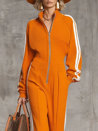 Urban Zipper Plain Stand Collar T-Shirt Jumpsuit