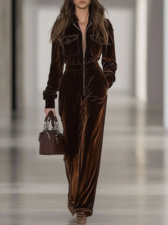 Urban Zipper Plain Shawl Collar Jumpsuit