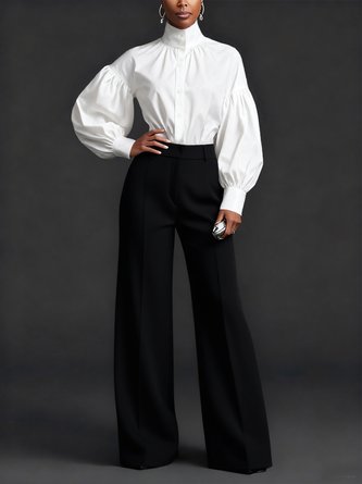 Cotton Urban Plain Ruched Turtleneck Balloon Sleeve Shirt