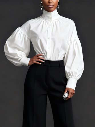 Cotton Urban Plain Ruched Turtleneck Balloon Sleeve Shirt