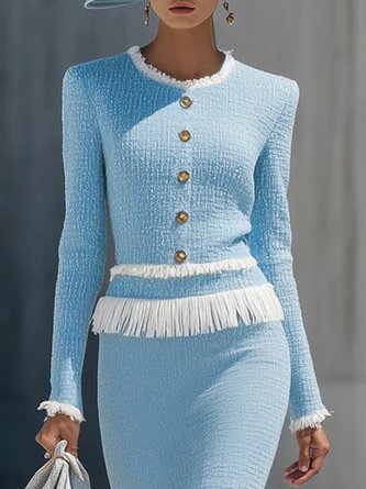 Tweed Elegant Plain Buttoned Crew Neck Tassel Blouse