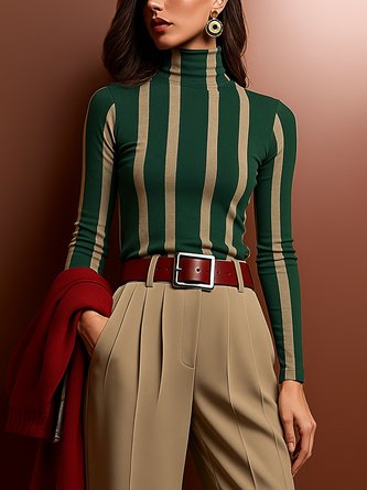 Urban Striped Printing Turtleneck T-shirt