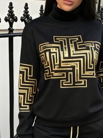 Casual Geometric Printing Turtleneck Sweatshirt