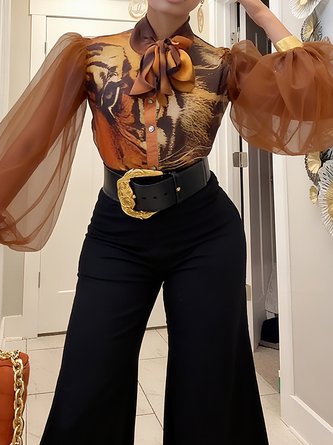 Elegant Random Print Printing Shirt Collar Balloon Sleeve Shirt