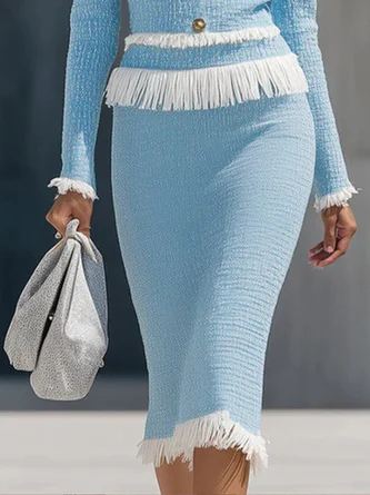 Elegant Tassel Tweed Plain Midi Skirt