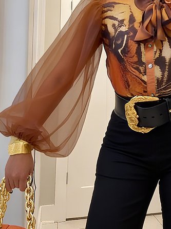 Elegant Random Print Printing Shirt Collar Balloon Sleeve Shirt