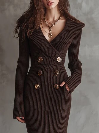 Urban Plain Buttoned V Neck Sweater Dress