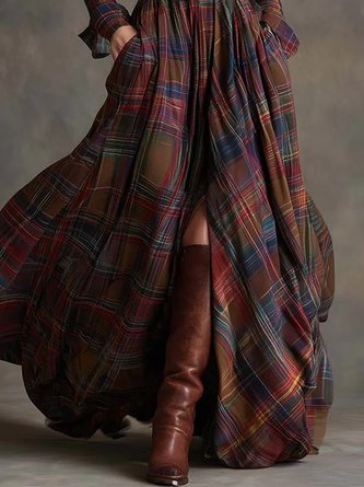 Urban Plaid Printing Shirt Collar Maxi Dress No Belt