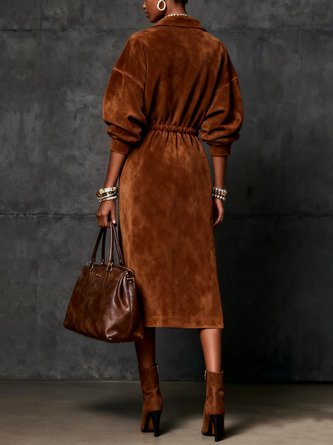 Urban Plain Suede Zipper Midi Dress