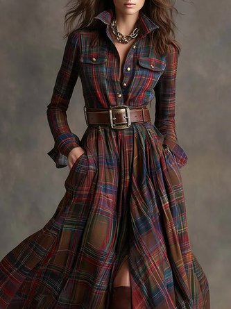Urban Plaid Printing Shirt Collar Maxi Dress No Belt