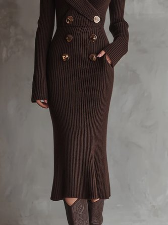 Urban Plain Buttoned V Neck Sweater Dress