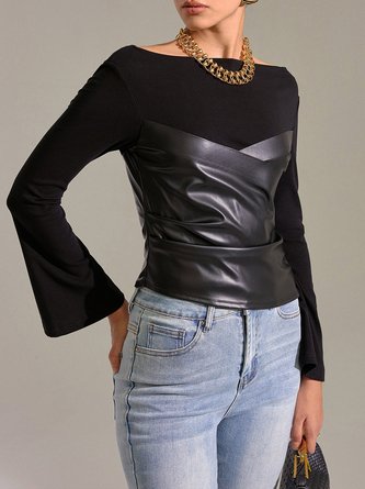 PU Urban Plain Split Joint Crew Neck Blouse