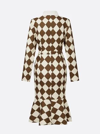 Urban Plain Buttoned Shirt Collar Midi Dress With Tie