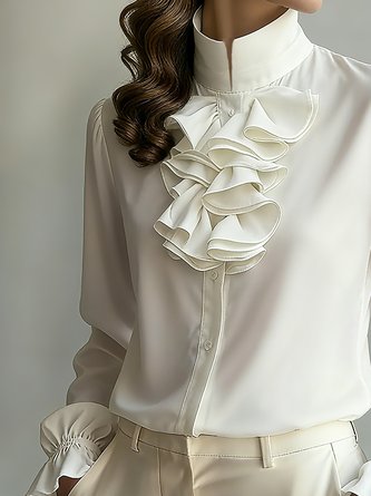 Cotton Urban Plain Peplum Lotus Leaf Collar Shirt