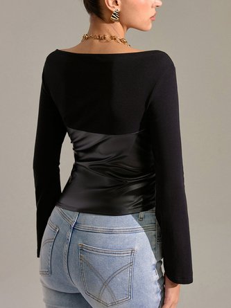 PU Urban Plain Split Joint Crew Neck Blouse