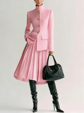 Urban Buttoned Plain Mock Neck Jacket