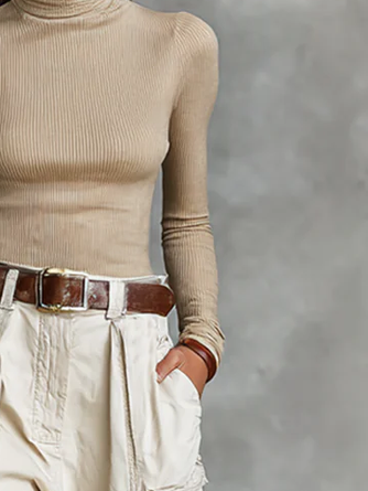 Knitted Casual Plain Turtleneck T-shirt