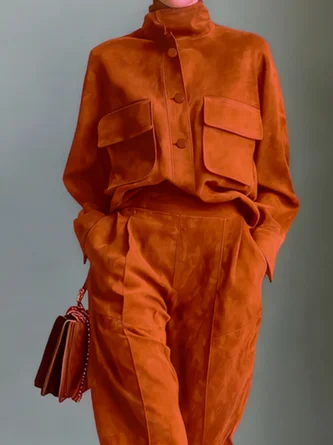 Suede Urban Plain Stand Collar Faux Leather Top