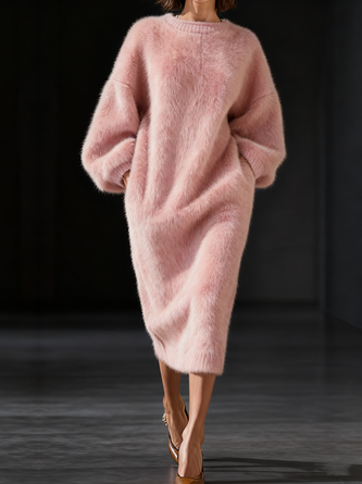 Casual Plain Crew Neck Midi Sweater Dress