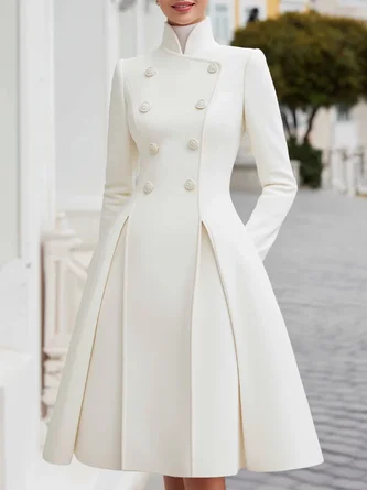 Elegant Plain Buttoned Stand Collar Midi Dress