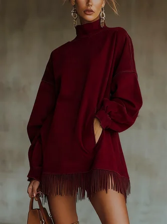 Casual Suede Tassel Hem Balloon Sleeve Mini Dress