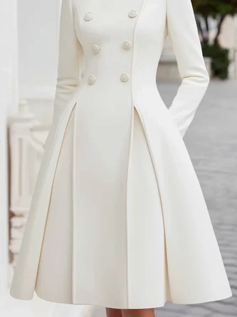 Elegant Plain Buttoned Stand Collar Midi Dress