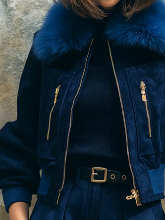 Casual Plain Shirt Collar Faux Leather Coat