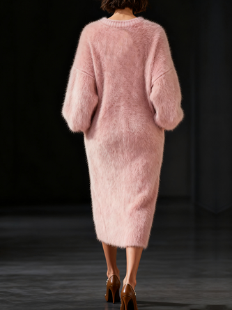 Casual Plain Crew Neck Midi Sweater Dress