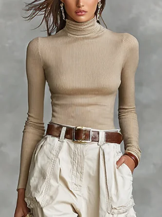 Knitted Casual Plain Turtleneck T-shirt