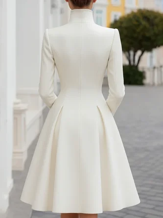 Elegant Plain Buttoned Stand Collar Midi Dress