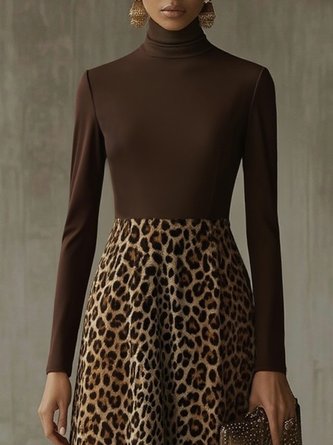 Urban Leopard Printing Turtleneck Knee Length Dress