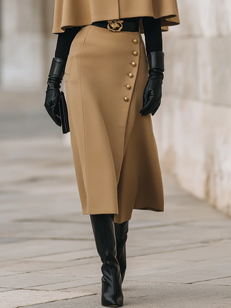 Elegant Buttoned Plain Midi Skirt No Belt