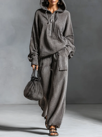 Corduroy Casual Plain Zipper Hoodie