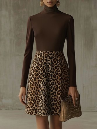 Urban Leopard Printing Turtleneck Knee Length Dress