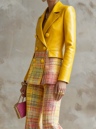 Urban Geometric Plaid Faux Leather Lapel Coat