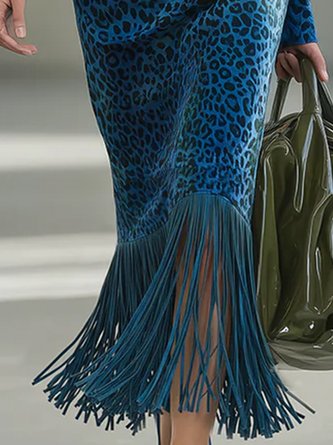 Velvet Elegant Leopard Zipper Turtleneck Midi Dress