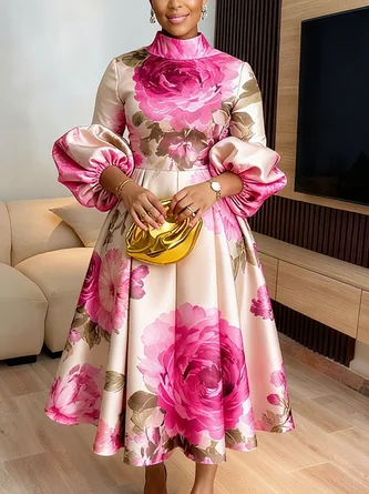 Elegant Floral Balloon Sleeve Printing Stand Collar Party Midi Dress
