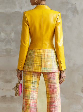 Urban Geometric Plaid Faux Leather Lapel Coat