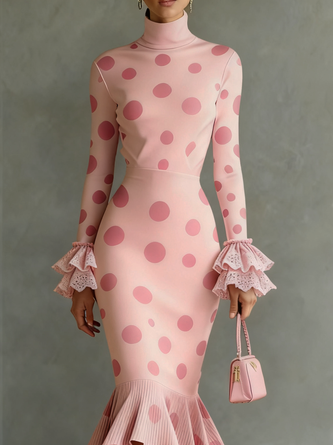 Elegant Polka Dots Stand Collar Dress