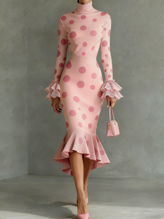 Elegant Polka Dots Stand Collar Dress